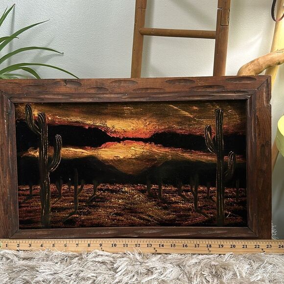 Vintage Desert Sunset Black Velvet Painting Wooden Framed Desert Landscape - Picture 16 of 17